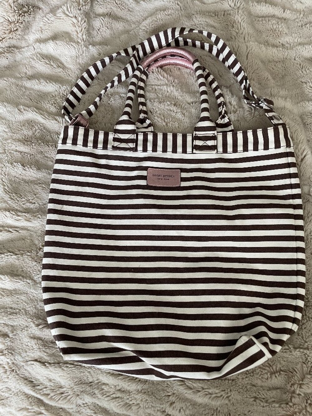 Henri Bendel NY Magazine Tote Signature Brown & White Centennial Stripe